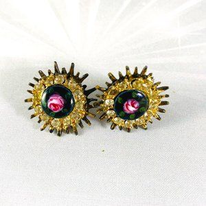 Vintage pink hand painted rose Guilloche enamel rhinestone cluster screw back